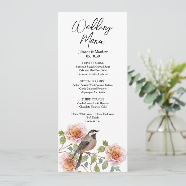 Vogel in Blumen Hochzeit Menükarte (Stehend Vorderseite)