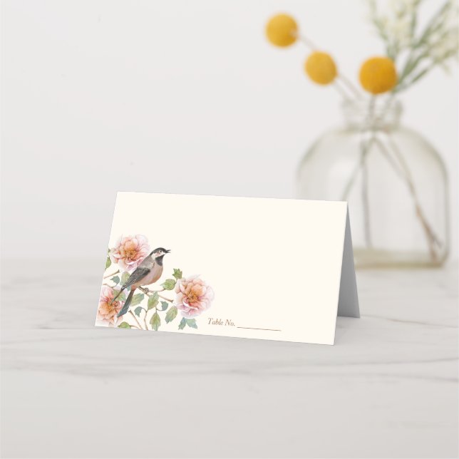Vogel in Blumen Hochzeit Platzkarte (Vorderseite)