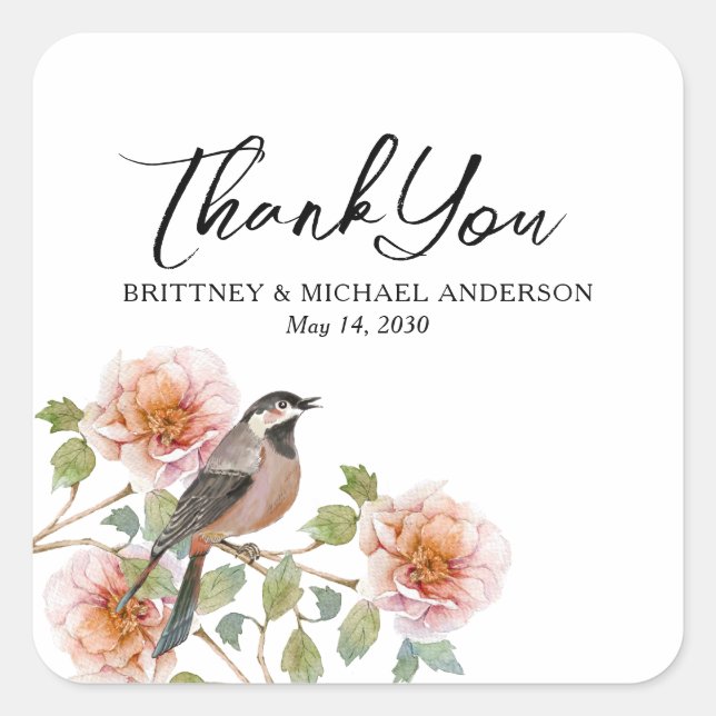 Vogel in Blumen Hochzeit Quadratischer Aufkleber (Vorderseite)