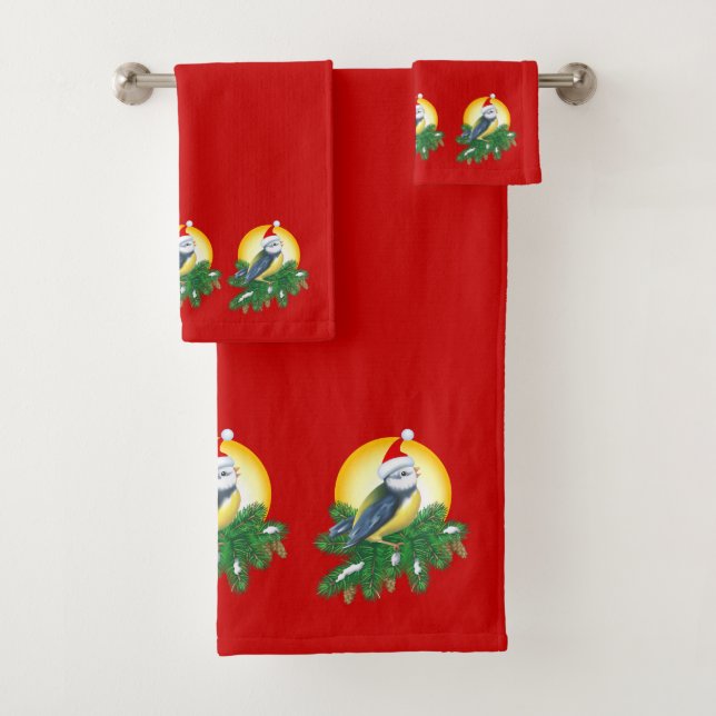 Vögel in der Weihnachtsmannmütze Badhandtuch Set (Insitu)