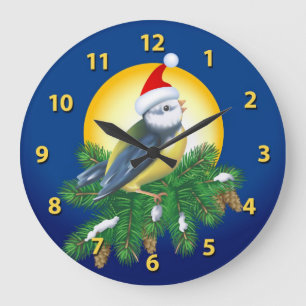 Vögel in der Weihnachtsmannmütze Große Wanduhr