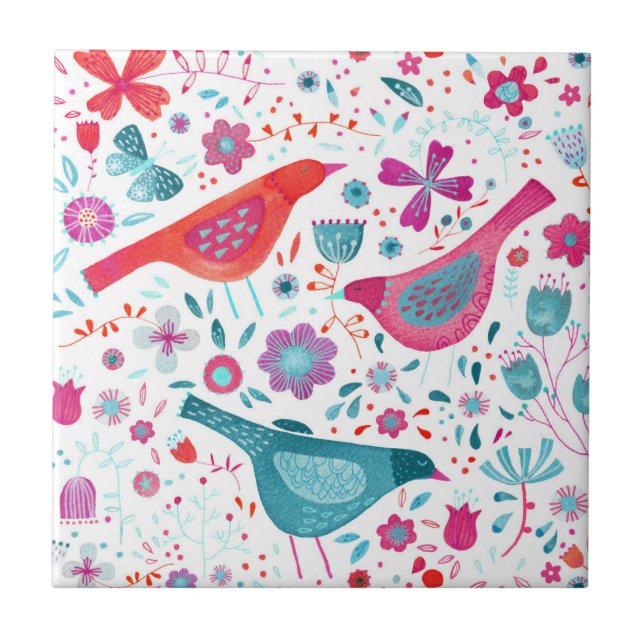 Vögel in einem Garten Folk Boho Wasserfarbe Fliese (Vorderseite)