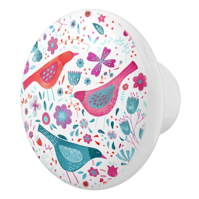 Vögel in einem Garten Moderne Boho Wasserfarbe Keramikknauf (Rechts)