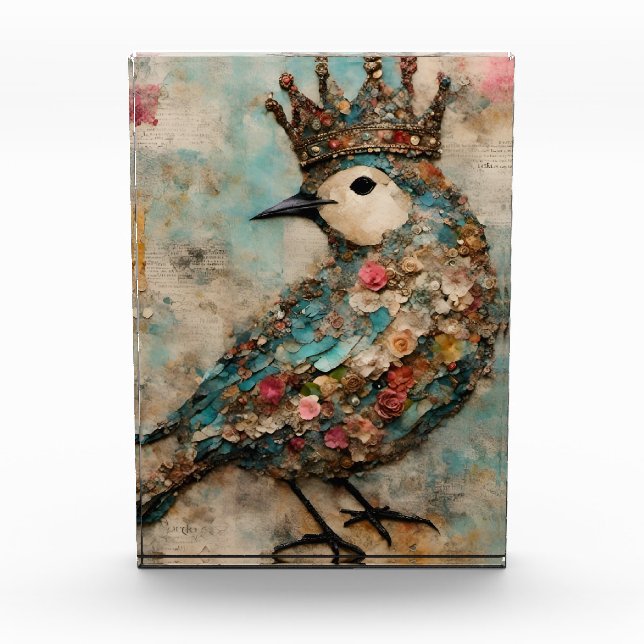 Vogel in einer Crown Mixed Media Collage Fotoblock (Vorderseite)