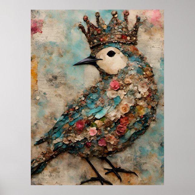 Vogel in einer Crown Mixed Media Collage Poster (Vorne)