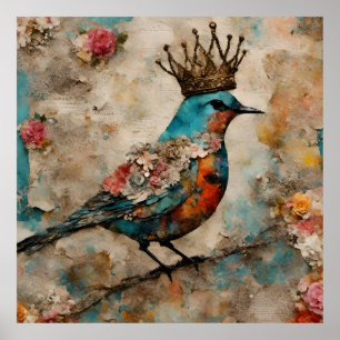 Vogel in einer Crown Mixed Media Collage Poster