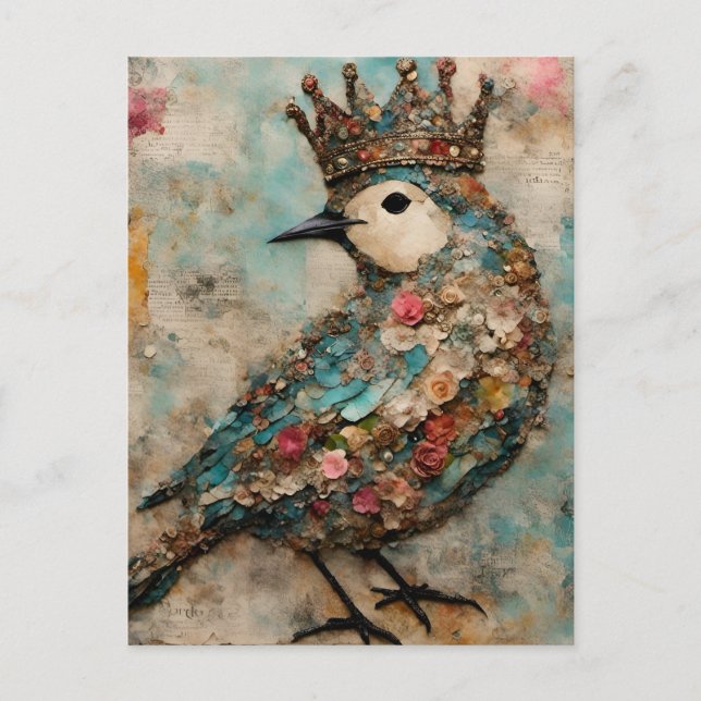 Vogel in einer Crown Mixed Media Collage Postkarte (Vorderseite)