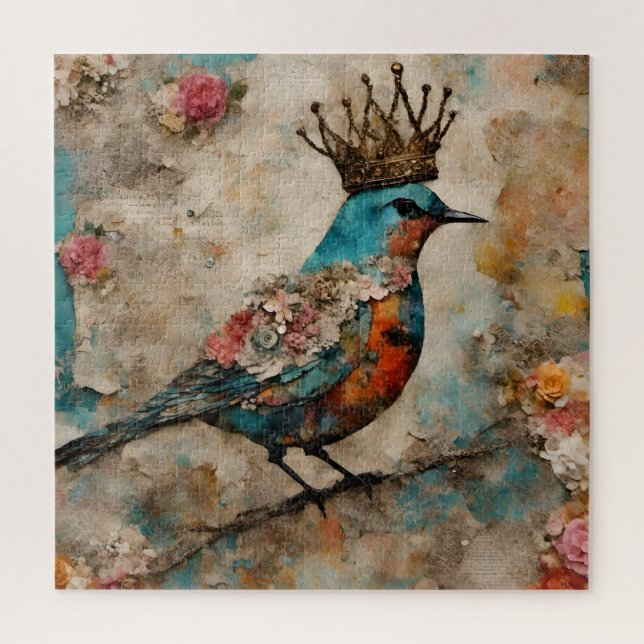 Vogel in einer Crown Mixed Media Collage Puzzle (Vertikal)