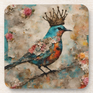 Vogel in einer Krone Mixed Media Collage Getränkeuntersetzer