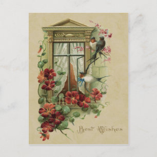 Vögel in Fenster am besten wünscht Vintage Reprodu Postkarte
