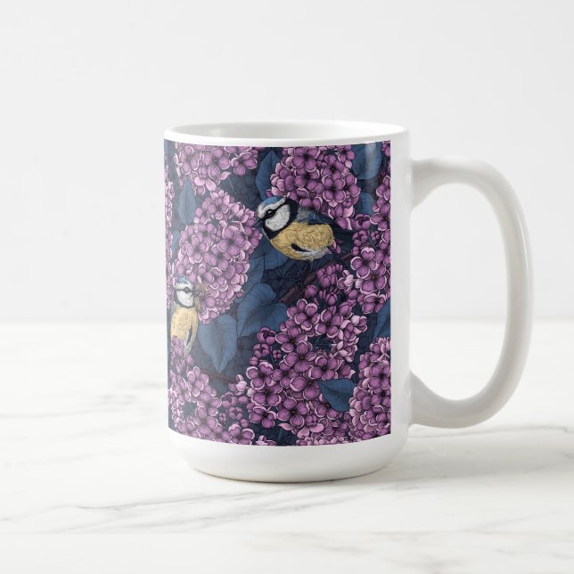 Vögel in violettem lila Garten Kaffeetasse (Rechts)