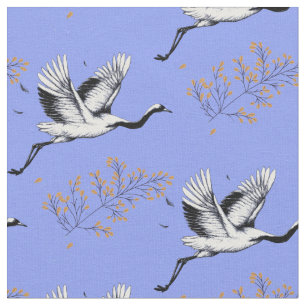 Vögel Krane Japanisch. Zweige von Pflanze.Blau Stoff