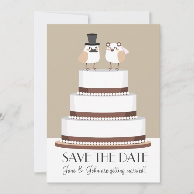 Vögel lieben Hochzeitstorte Save The Date (Vorderseite)