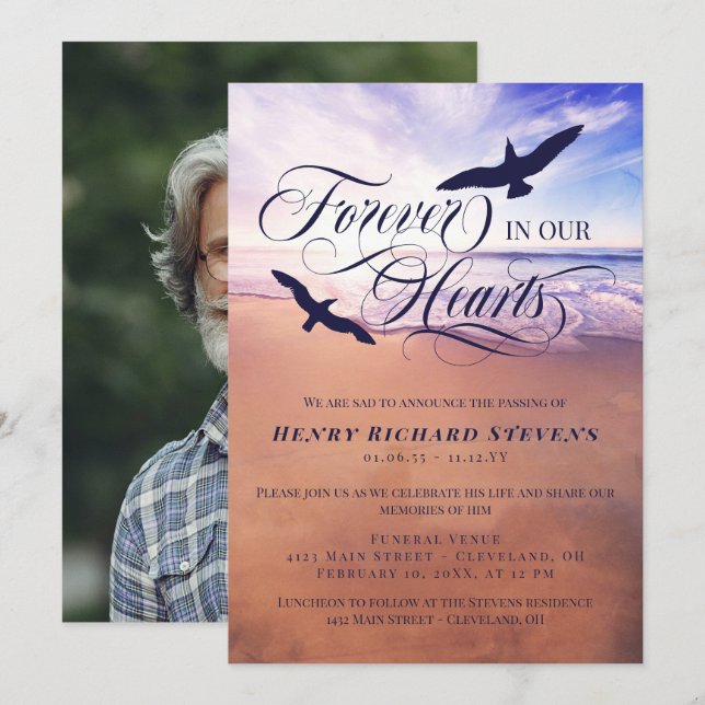 Vögel Meer Strand für immer in unserem Herzen Einladung (Vorne/Hinten)