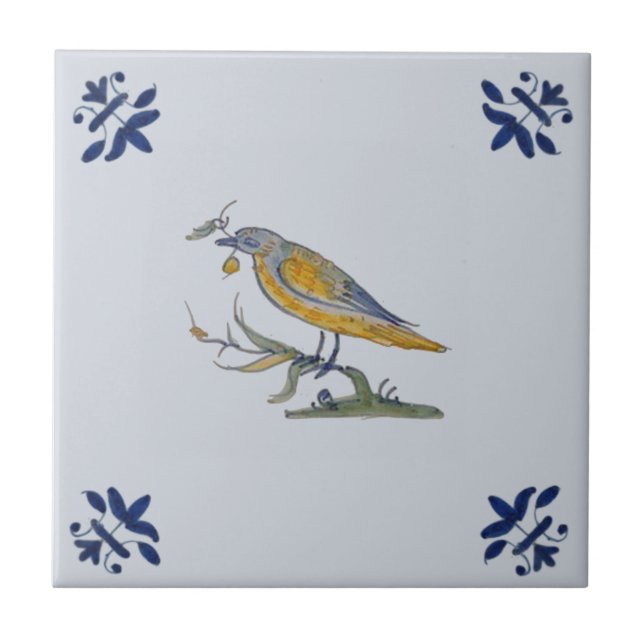 Vogel mit Berry Delft Repro Hand bemalt c. 1650 Fliese (Vorderseite)