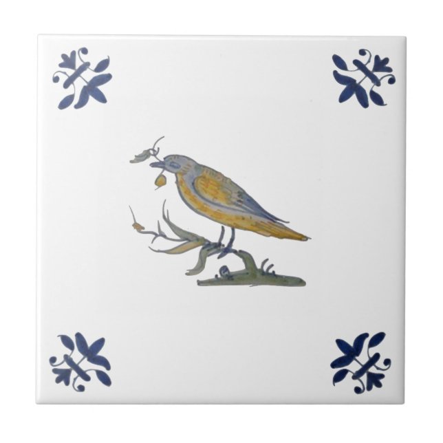 Vogel mit Berry White Delft Repro c. 1650 Tile Fliese (Vorderseite)