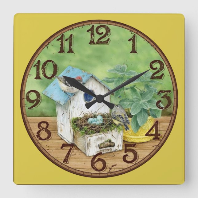 Vogel mit Birdhouse Quadratische Wanduhr (Vorderseite)