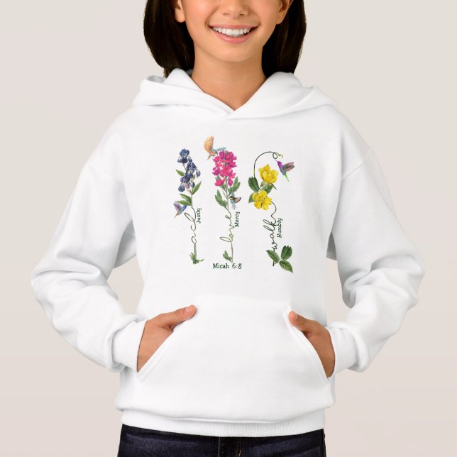 Vogel mit Blume Gerechtigkeit Liebe Gnade und gehe Hoodie (Vorderseite)
