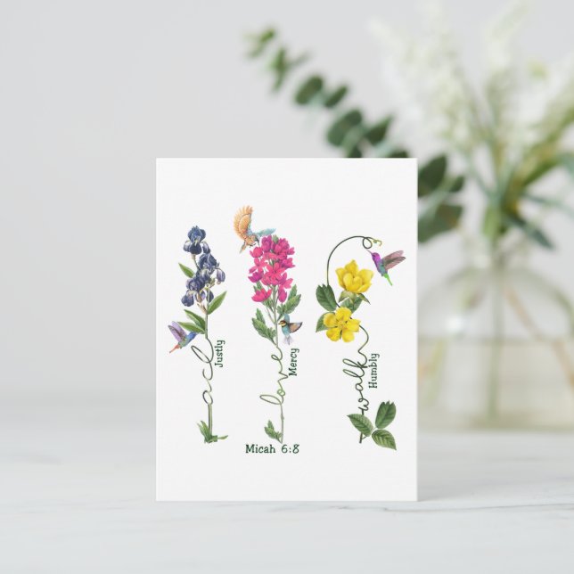 Vogel mit Blume Gerechtigkeit Liebe Gnade und gehe Postkarte (Stehend Vorderseite)