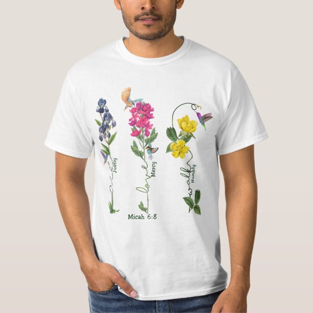 Vogel mit Blume Gerechtigkeit Liebe Gnade und gehe T-Shirt (Vorderseite)