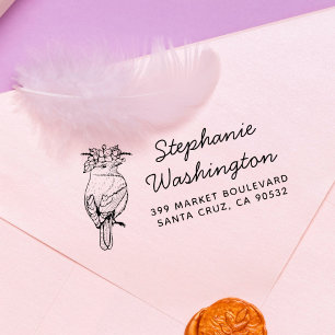 Vogel mit Blume Name Script und Rücksendeadresse Gummistempel