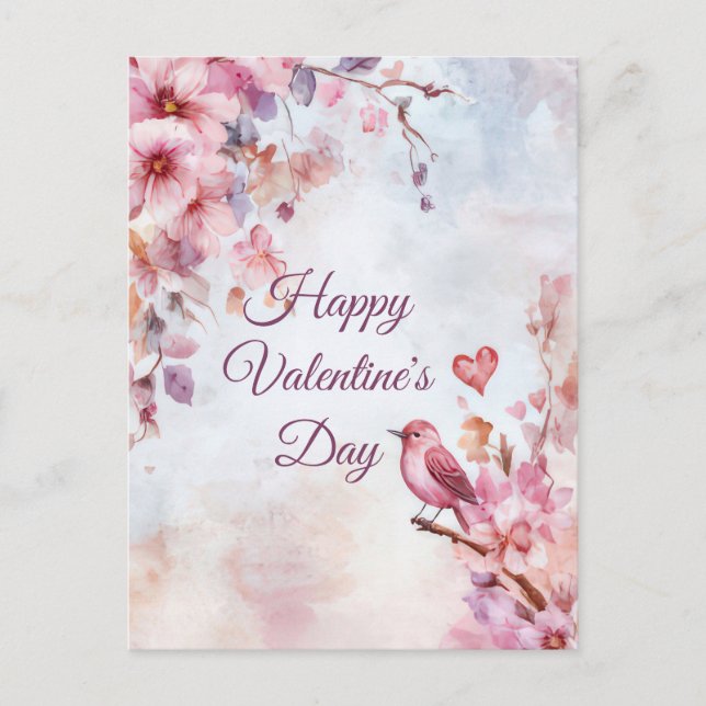 Vogel mit Blume und HerzValentins Gruß Postkarte (Vorderseite)