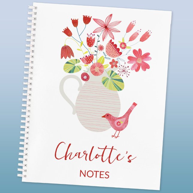 Vogel mit Blumenvase personalisierter Name Notizbuch (Bird with a jug of flowers watercolor art personalized custom name text notebook)