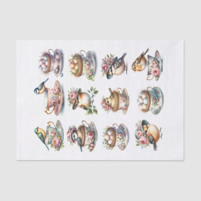 Vögel mit Hasen und Nestern in Teacups Fussy Cuts Seidenpapier (Vorderseite)