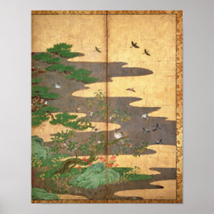 Vögel mit Herbst- und Winter-Blume Poster