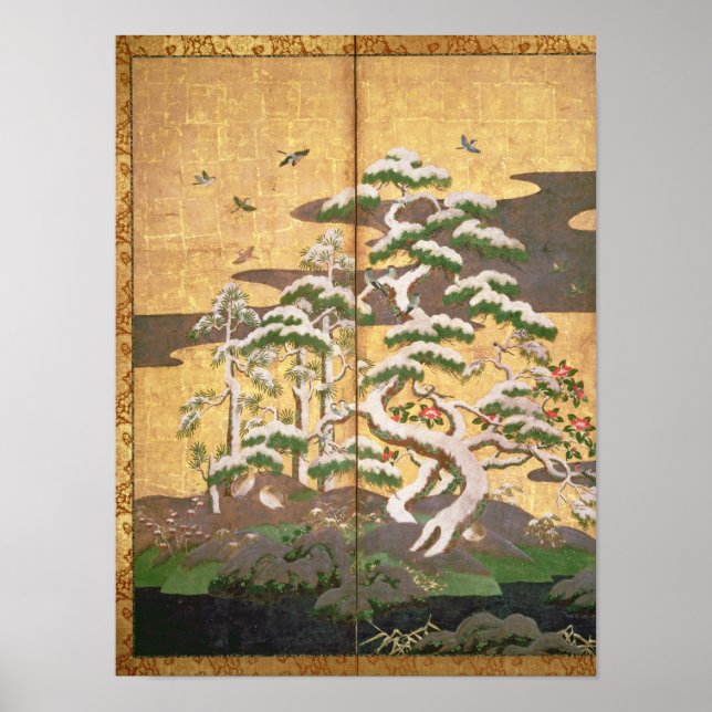 Vögel mit Herbst- und Winter-Blume Poster (Vorne)