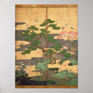 Vögel mit Herbst- und Winter-Blumen Poster