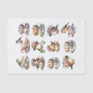 Vögel mit Hüten und Nestern in Teetassen Fussiesch Seidenpapier