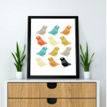 Vögel Mitte des Jahrhunderts Moderne farbenfrohe R Poster<br><div class="desc">Diese wunderschöne moderne Wandkunst aus der Mitte des Jahrhunderts mit Reihen von lebhaften Vögeln in den Farben Türkis,  Orange,  Creme,  Grün,  Bräune und Schwarz. Dies wird eine farbenfrohe Ergänzung zu Ihrer Wohngestaltung!</div>