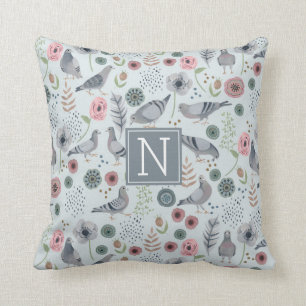 Vögel Monogramm hellblau Taube Blumenmuster Kissen