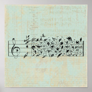 Vögel & Musik-Personal Papier Vintage Alterung Min Poster