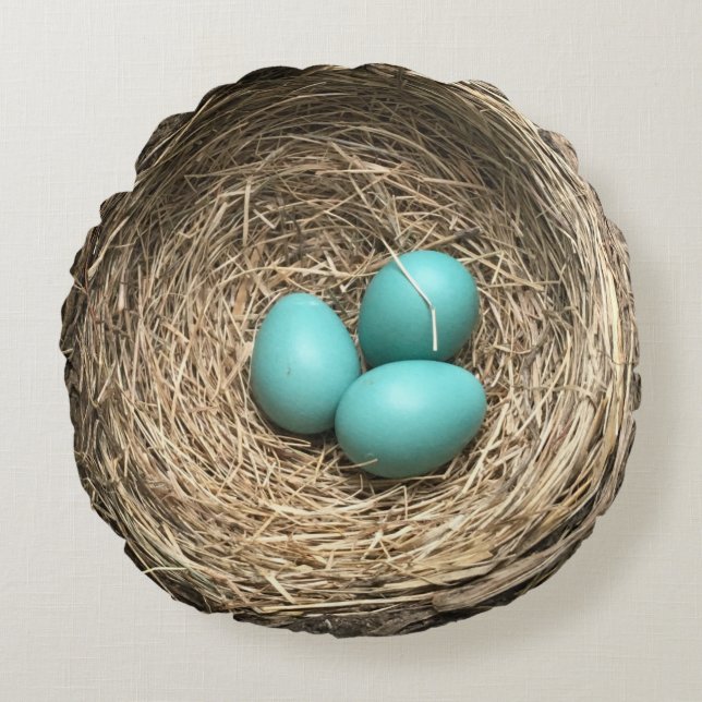 Vogel-Nest mit blauen Eiern Rundes Kissen (Vorderseite)