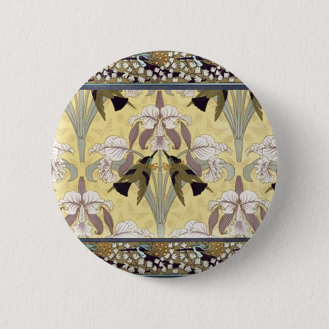 Vögel, Orchideen, Maidenhair Ferns Art Nouveau Button (Vorderseite)