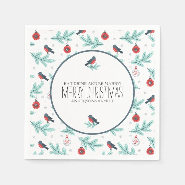 Vögel & Ornamente Farbiges Weihnachtsmuster Serviette (Vorderseite)