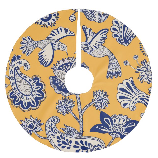Vögel Paisley Blume Vintages Muster Polyester Weihnachtsbaumdecke (Vorderseite)