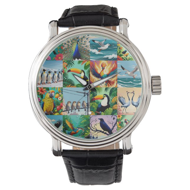Vögel Patchwork-Muster  Armbanduhr (Vorderseite)