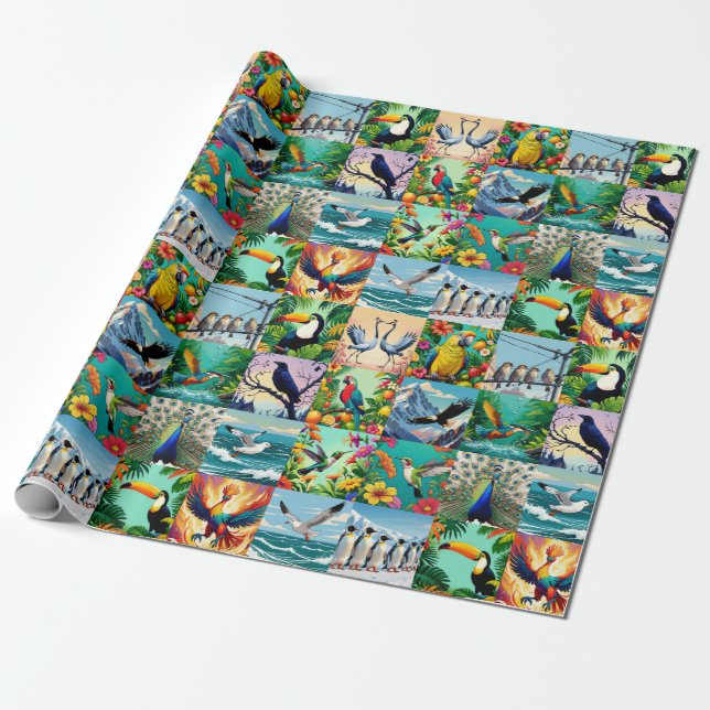 Vögel Patchwork-Muster  Geschenkpapier (Ungerollt)