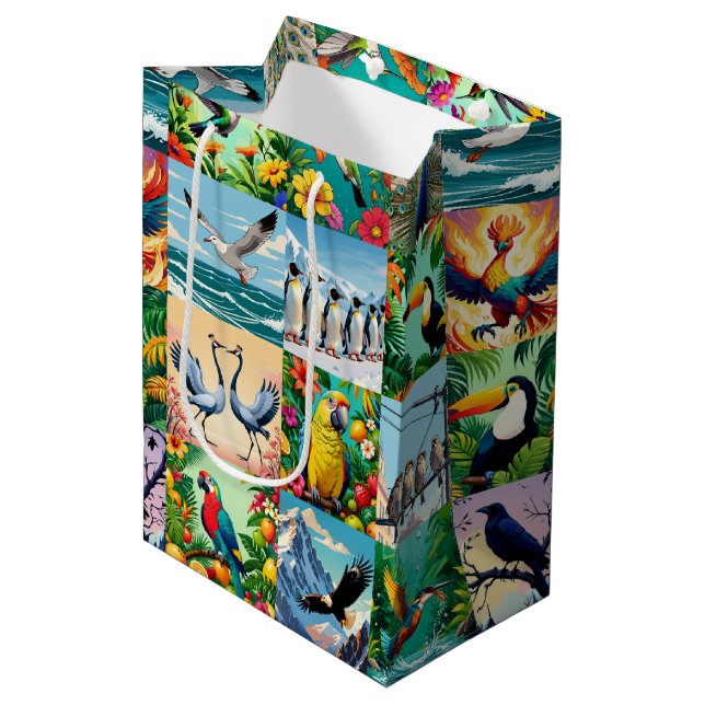Vögel Patchwork-Muster  Mittlere Geschenktüte (Vorderseite Schrägansicht)