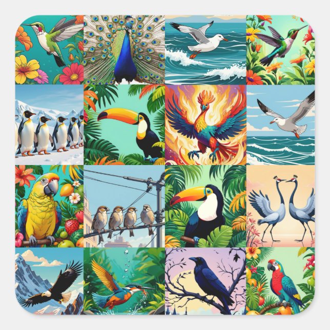 Vögel Patchwork-Muster  Quadratischer Aufkleber (Vorderseite)