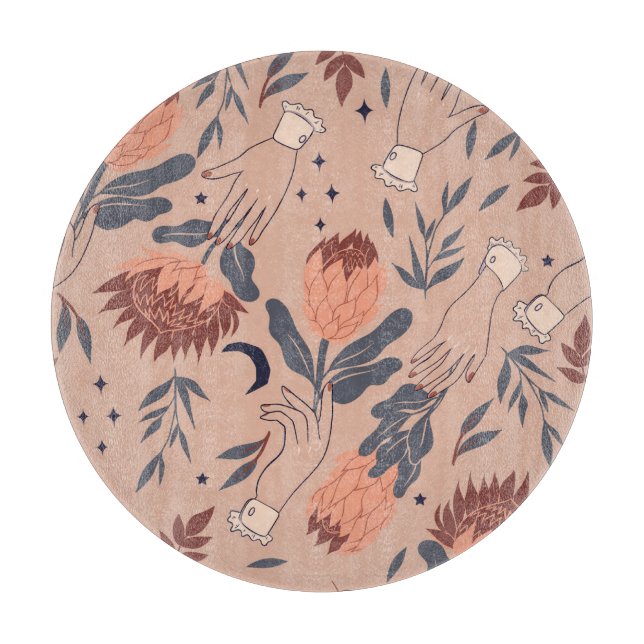 Vögel & Proteas: Vintage Handgrafiken Schneidebrett (Vorderseite)