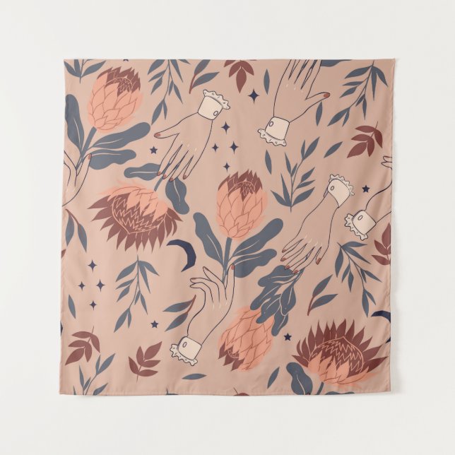 Vögel & Proteas: Vintage Handgrafiken Wandteppich (Vorderseite)