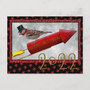 Vogel Reitend Rakete Vintage Frohes Neues Jahr Postkarte