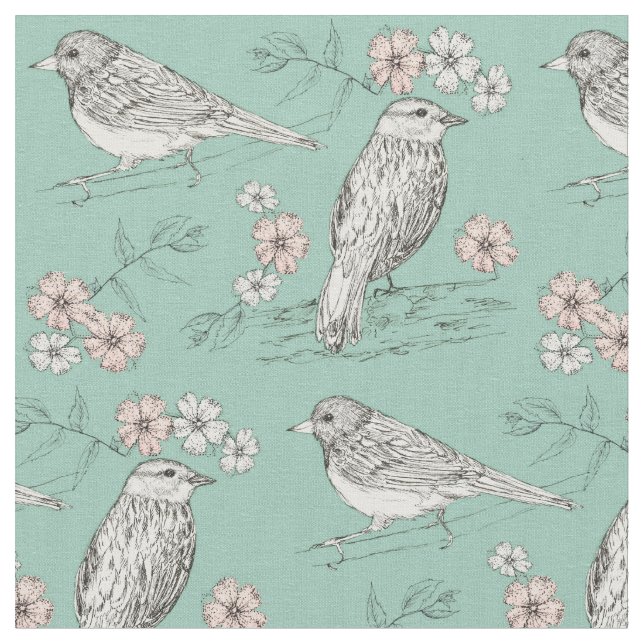 Vögel Rosa Blume Robins Egal Blau Stoff (Nahaufnahme)