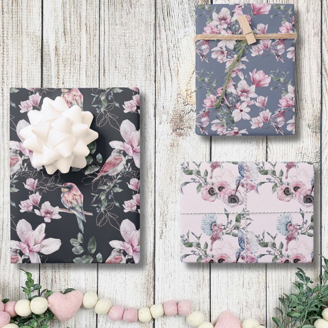 Vögel Rosa Blume Wasserfarbenes botanisches Muster Geschenkpapier Set (Birds and Pink Flowers Watercolor Botanical Pattern Wrapping Paper Sheets)