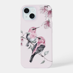 Vögel & rosa Blumen in Aquarell iPhone 15 Hülle