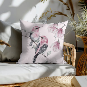 Vögel & rosa Blumen in Aquarell Kissen